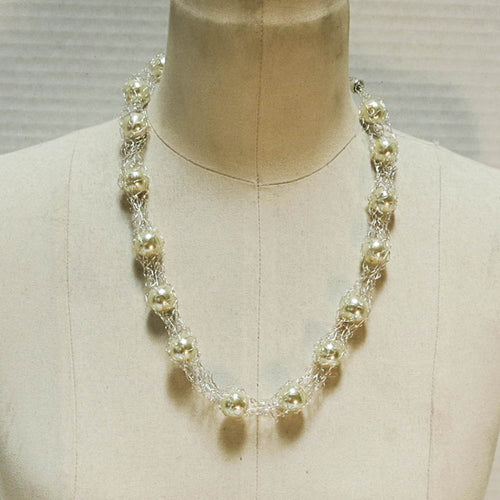 Spool Knit Wire Necklace with large white glass pearls