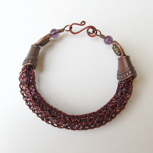 Viking Knit Bracelet, Antique Copper with Amethyst Beads