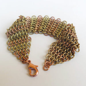 Chain Maille Bracelet in Slinky European 4-in-1 Diamond Weave, gold, silver and copper, with gold toggle clasp
