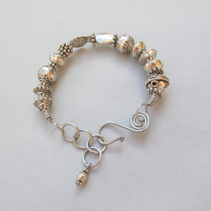 Bangle Bracelet with Detailed Silvertone Pewter Beads & Handmade Wire Hook Clasp