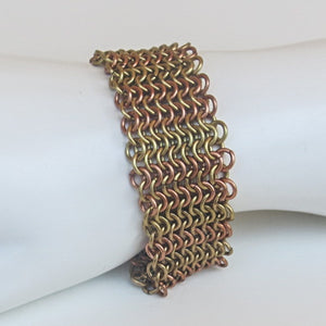 Chain Maille Bracelet in Slinky European 4-in-1 Weave, gold, silver and copper, with gold toggle clasp