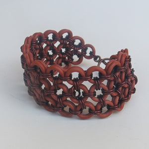 Japanese 8-in-2 Chain Maille Bracelet with copper rings and terracotta rubber O-rings, with toggle clasp
