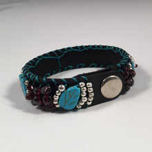 Load image into Gallery viewer, Leather Cuff Bracelet in Black Leather with Turquoise, Burgundy &amp; Silver Overlay Beads