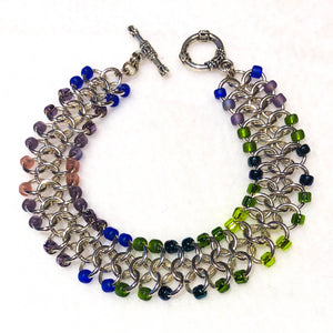 Silver Chain Maille Bracelet - European 4-in-1 Weave with Multicolor Seed Beads and decorative silver toggle clasp