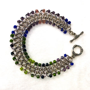 Silver Chain Maille Bracelet - European 4-in-1 Weave with Multicolor Seed Beads and decorative toggle clasp