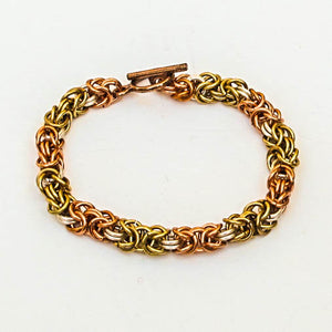 Gold and Copper Byzantine Weave Chain Maille Bracelet with toggle clasp