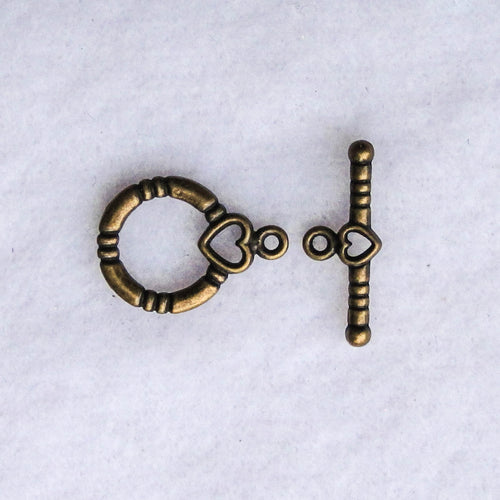 Toggle Clasp with Little Hearts, 14mm., Antique Brass