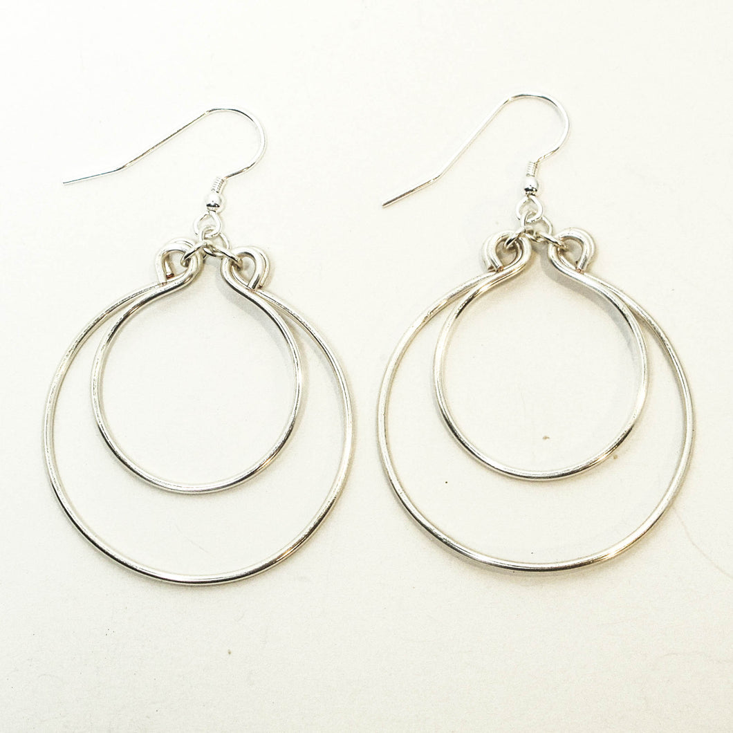 Silver Double Hoop Earrings, Hand-shaped