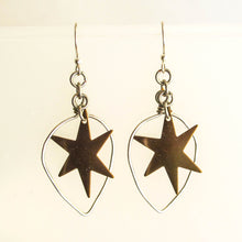 Load image into Gallery viewer, Hand shaped silver wire teardrop hoops with brass stars