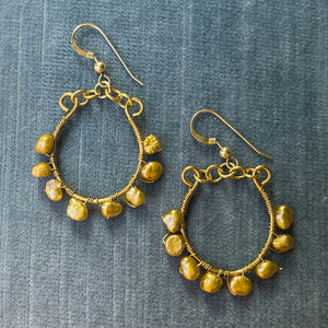 Gold U-Shaped Hoop Earrings Wrapped with Freshwater Pearls 