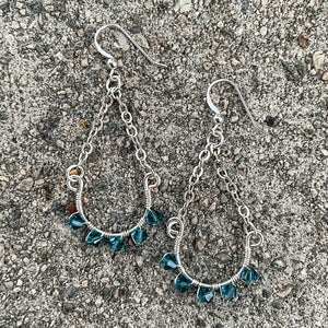 Half Hoop Earrings with Silver Chain & Turquoise Swarovski Crystals