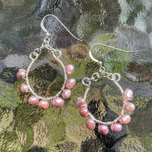 Silver U-Shaped Hoop Earrings Wrapped with Pink Freshwater Pearls 