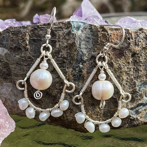 White Freshwater Pearl Half Hoop Earrings with Silver Wrapped Wire Connectors