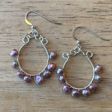 Load image into Gallery viewer, Silver U-Shaped Hoop Earrings Wrapped with Pink Freshwater Pearls 