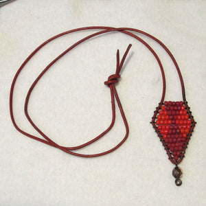 Beaded diamond necklace on leather red and brick red
