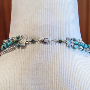 Silver and Turquoise Multi-Strand, Mixed Technique Necklace with Multi-Strand Findings and Pewter Charms