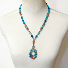 Load image into Gallery viewer, 3 Layered Beaded Necklace with gemstones carnelian turquoise lapis lazuli silver findings