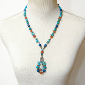 3 Layered Beaded Necklace with gemstones carnelian turquoise lapis lazuli silver findings