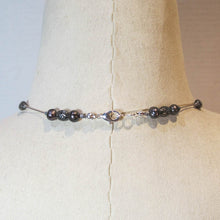 Load image into Gallery viewer, Floating Design Freshwater Pearl &amp; Textured Metal Beads Necklace on gray silk cord with silver lobster claw clasp