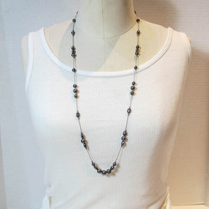 Floating Design Freshwater Pearl & Textured Metal Beads Necklace on silk cord
