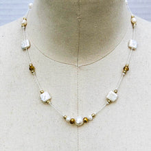 Load image into Gallery viewer, Square Freshwater Pearl Necklace with Gold Accents on Silk Cord
