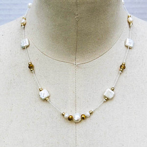 Square Freshwater Pearl Necklace with Gold Accents on Silk Cord