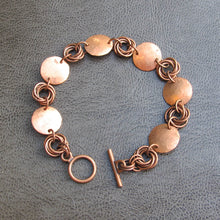 Load image into Gallery viewer, Hammered Copper Medallions Bracelet with Mobius Chain Maille connectors