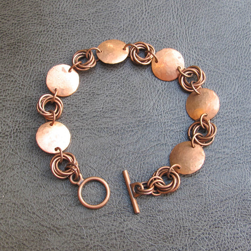 Hammered Copper Medallions Bracelet with Mobius Chain Maille connectors