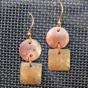 Hand Hammered Circles and Squares Copper and Brass Earrings