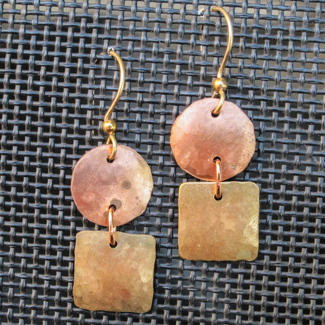 Hand Hammered Circles and Squares Copper and Brass Earrings