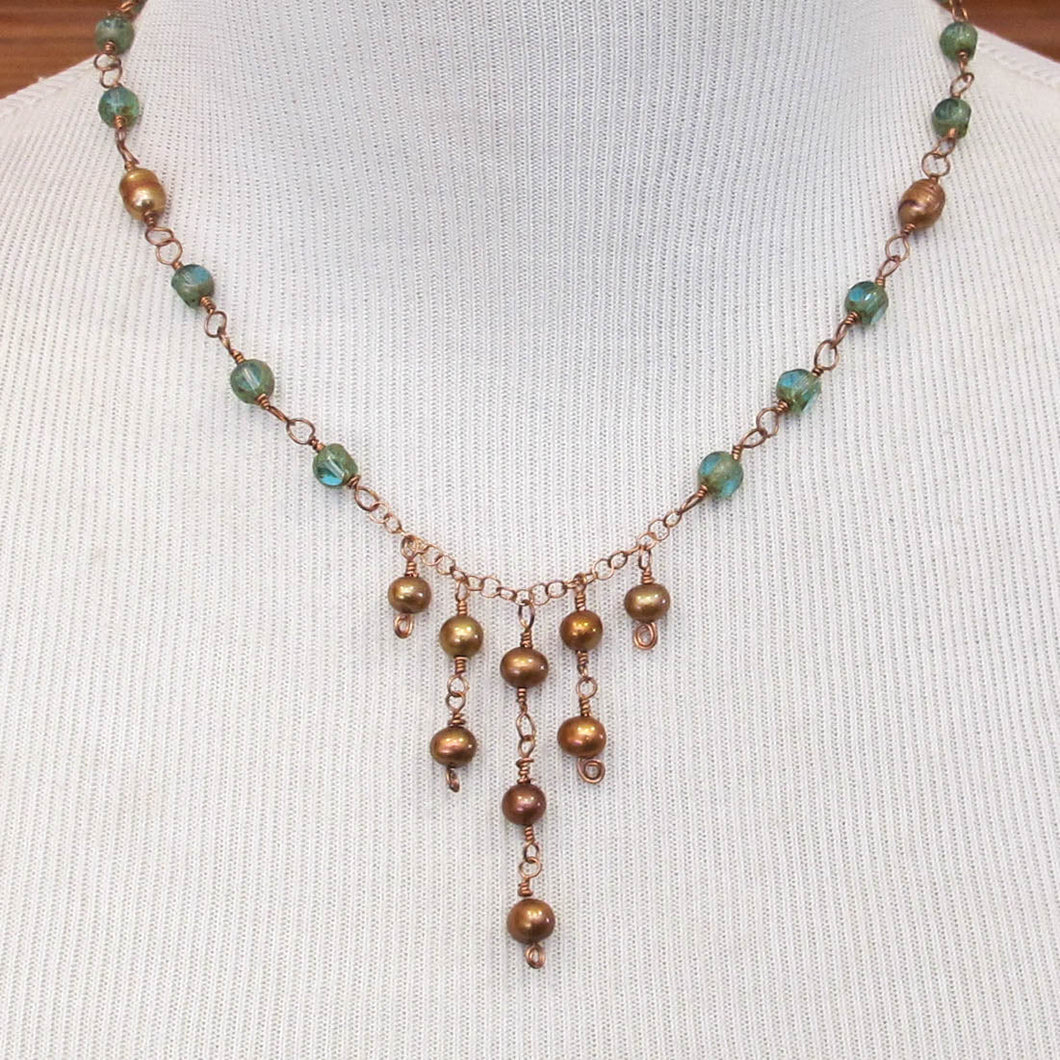 Copper and Green Medieval Princess Pearl Necklace 