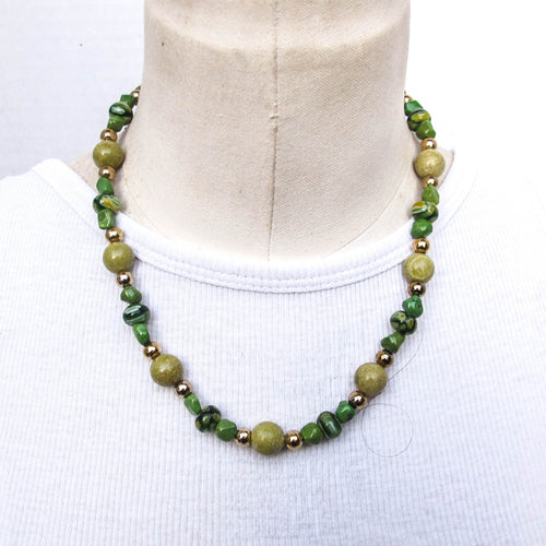 Green Serpentine, Millefiori and Gold Bead Necklace