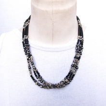 Load image into Gallery viewer, Triple Strand Semi-Precious Stone Necklace with Black, Hematite, Dalmatian Jasper Beads