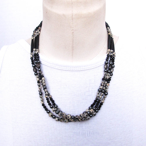 Triple Strand Semi-Precious Stone Necklace with Black, Hematite, Dalmatian Jasper Beads