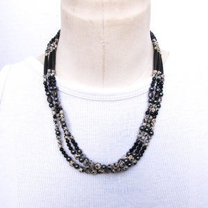 Triple Strand Semi-Precious Stone Necklace with Black, Hematite, Dalmatian Jasper Beads