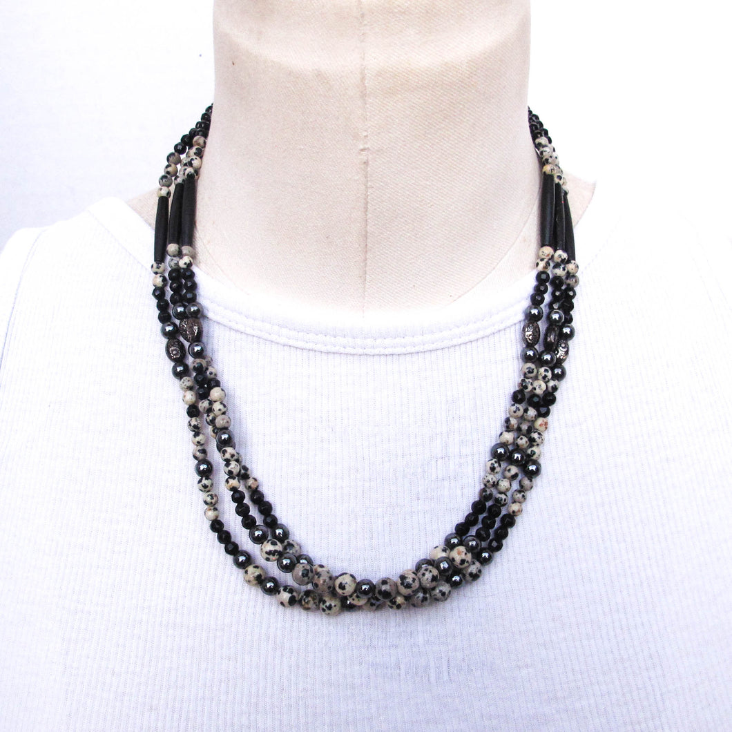 Triple Strand Semi-Precious Stone Necklace with Black, Hematite, Dalmatian Jasper Beads
