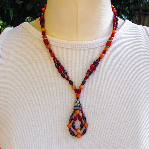 Gemstone Necklace with Pewter Accents and Ornate Toggle Clasp