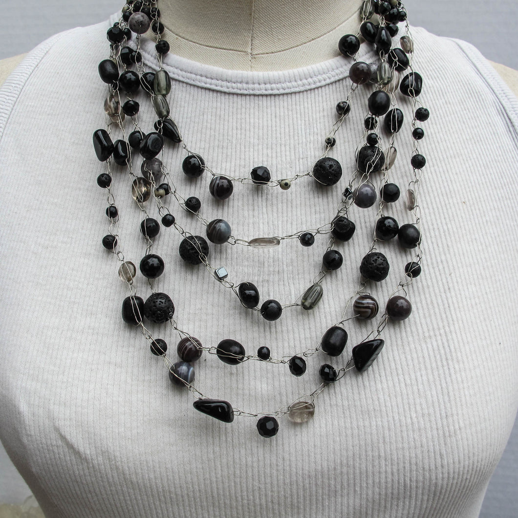 Multi-Strand Black Beaded Necklace