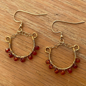 Mini Hoop Earrings with Tiny Gemstones, Gold with Carnelian