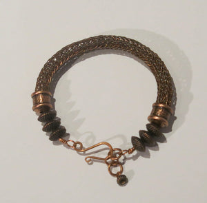 Viking Knit Bracelet, Antique Copper with Antique Copper Pewter Beads & Handmade Clasp
