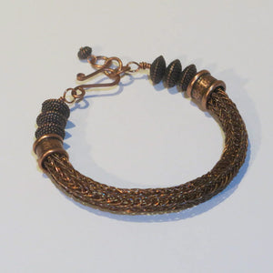 Viking Knit Bracelet, Antique Copper with Antique Copper Pewter Beads & Handmade Clasp