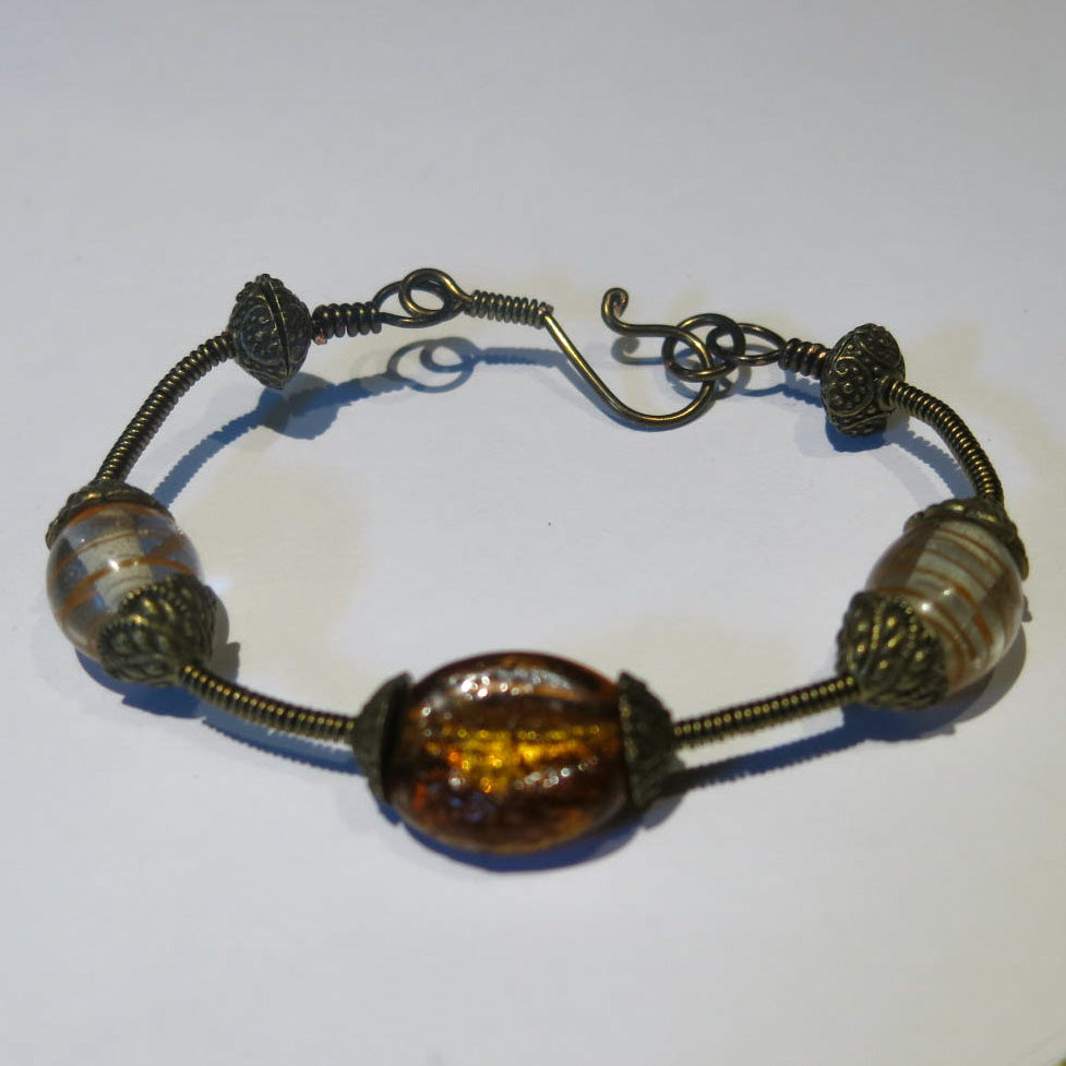Bangle Bracelet Wrapped with Antique Brass Wire, with Lampwork Glass Beads & Handmade Clasp