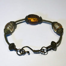 Load image into Gallery viewer, Bangle Bracelet Wrapped with Antique Brass Wire, with Lampwork Glass Beads &amp; Handmade Clasp
