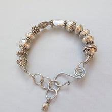 Load image into Gallery viewer, Bangle Bracelet with Detailed Silvertone Pewter Beads &amp; Handmade Wire Hook Clasp
