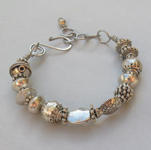 Load image into Gallery viewer, Bangle Bracelet with Detailed Silvertone Pewter Beads &amp; Handmade Wire Hook Clasp  