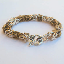 Load image into Gallery viewer, Silver and Antique Brass Byzantine Weave Chain Maille Bracelet with toggle clasp