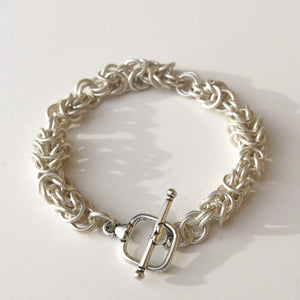 Silver Byzantine Weave Chain Maille Bracelet with toggle clasp
