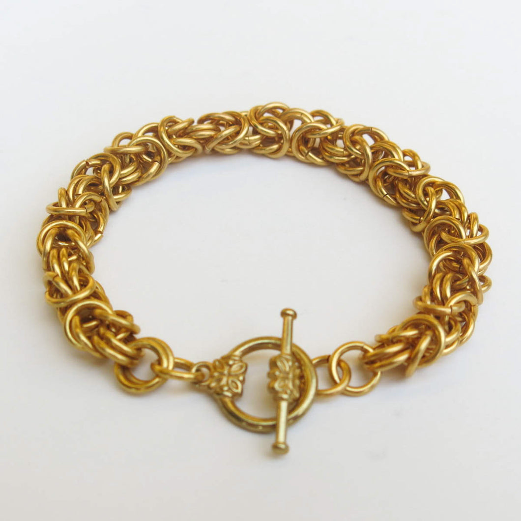 Gold Byzantine Weave Chain Maille Bracelet with toggle clasp