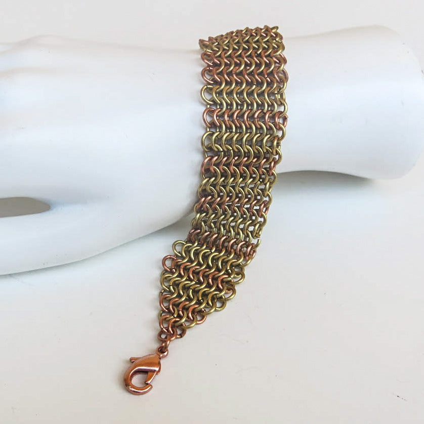 Gold and Copper Chain Maille Bracelet in Slinky European 4-in-1  Weave with copper lobster claw clasp