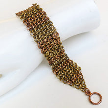 Load image into Gallery viewer, Chain Maille Bracelet in Slinky European 4-in-1 Diamond Weave, gold, silver and copper, with gold toggle clasp